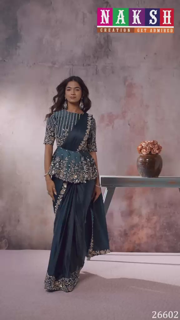 Peacock Blue Drape Saree with Designer Peplum Blouse